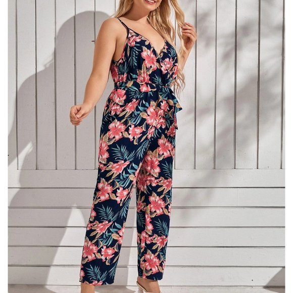 Plus Size Floral Belted Cami Jumpsuit